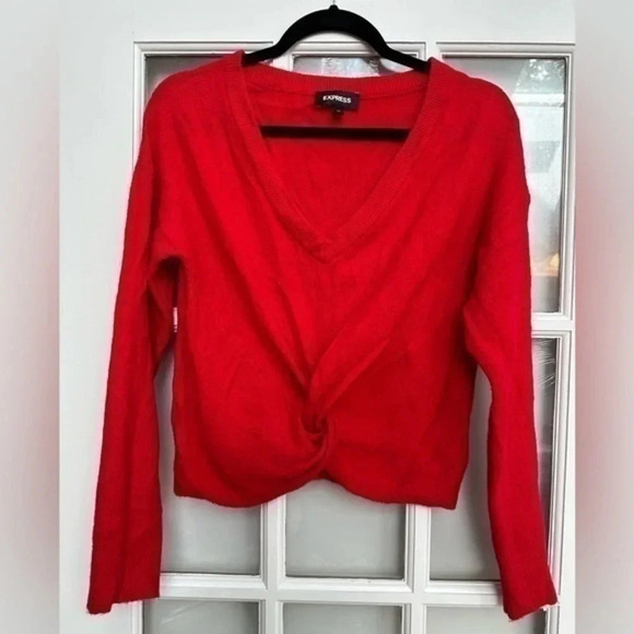 Express Y2K Red Stretchy V-Neck Twist Long Sleeve Crop Top Sweater Size Small S - Picture 1 of 5